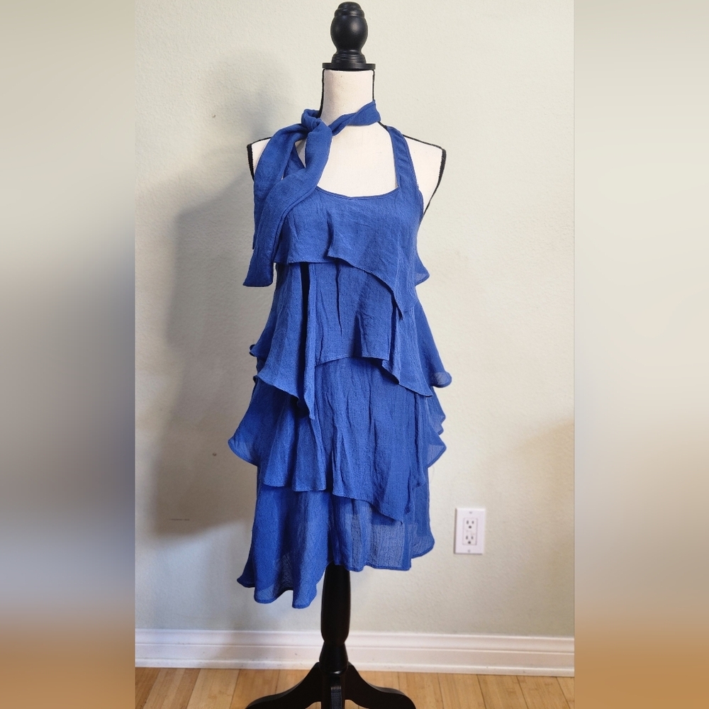 Blue Lightweight Racerback Tiered Flowy Ruffle Mini Dress w/Scarf - Picture 2 of 5